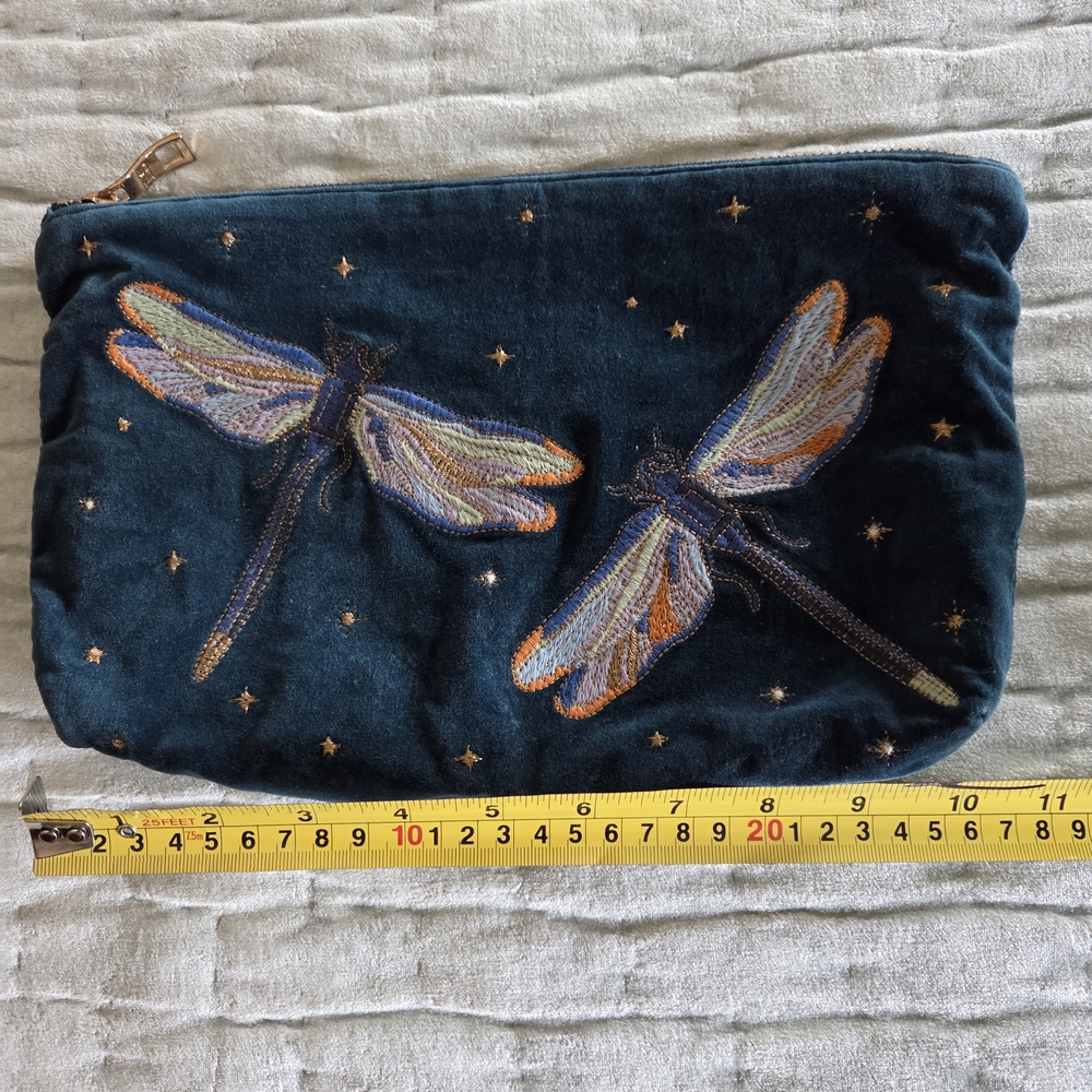 Elizabeth Scarlett Velvet Dragonfly Embroidered Pouch - Teal
